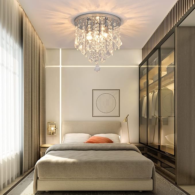 3-Light Mini Crystal Chandelier,10" Modern Chandelier Lighting Fixture,K9 Crystal Flush Mount Ceiling Light,Crystal Ceiling Light for Girls Bedroom Closet Foyer Entryway Aisle,Chrome