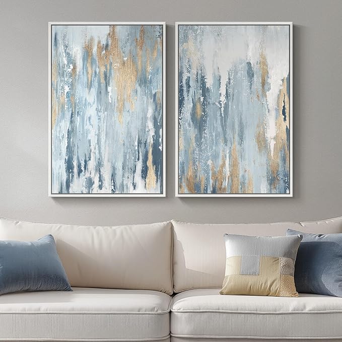 Large White Framed Blue and Gold Abstract Canvas Wall Art, 2 Piece Modern Minimalist Art Prints Paintings Artwork for Walls, Glitter Pictures for Living Room, Dining Room, Bedroom Wall Decor 20x30 In
