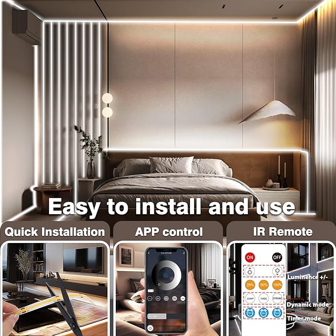 100FT COB Led Strip Lights, Uniform 6500K COB Rope Light,Bright Daylight White lights,High Density,App/Remote Control,Indoor 24V Cuttable Cabinet Lights for Bedroom,Bookshelf,Showcase,Kitchen