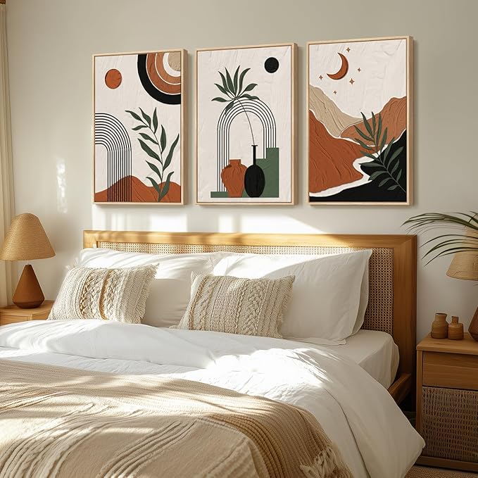 Boho Framed Canvas Wall Art, 3 Pieces Beige Black Orange Abstract Geometric Prints, Boho Wall Hanging Pictures for Living Room, Hallway, Office - Total 30x60 Inch