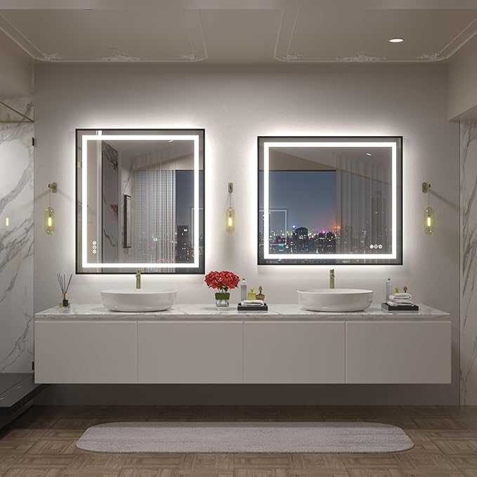 32x36 Black LED Bathroom Mirror, Dimmable Framed Vanity Mirror with Lights, Backlit and Front Lighted Mirror for Wall, Anti-Fog, Memory (Horizontal/Vertical)