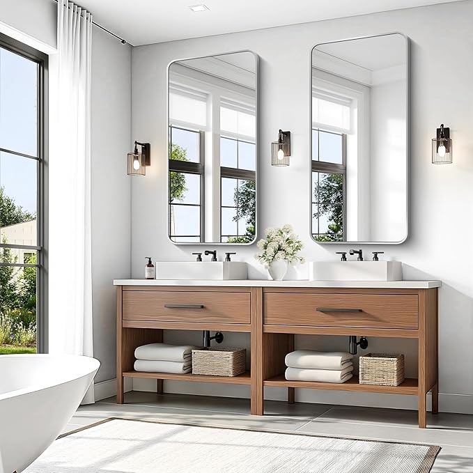 KOCUUY Silver Bathroom Mirror, 24x48 Inch Bathroom Mirror for Over Sink, HD Tempered Glass, Anti-Rust Brushed Silver Frame, Rounded Corner Modern Design for Bathroom, Hang Horizontal/Vertical