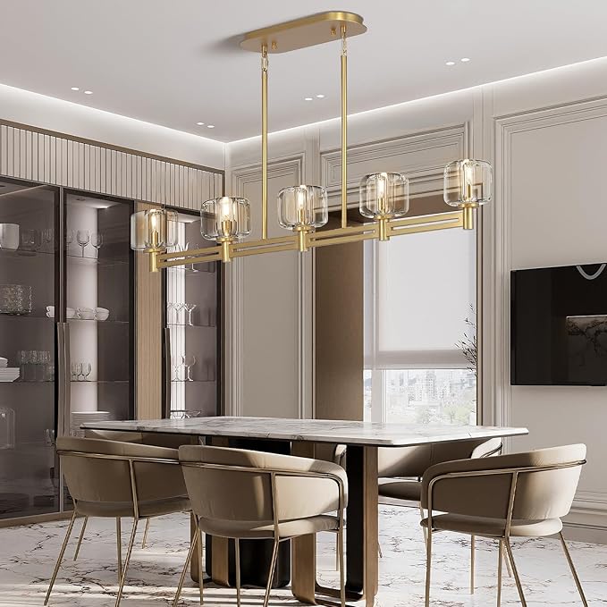 Modern Crystal Chandelier, 54" Large Gold Rectangle Chandeliers for Dining Room, 5-Light Kitchen Island Lighting, Light Fixtures Over Table,Pendant Lighting Fixture for Dining Room Bedroom
