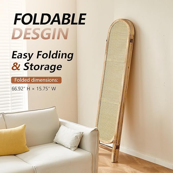 4 Panel Room Divider 5.6 Ft Hand-Woven Rattan Room Divider Screen, Foldable Wood Folding Privacy Screens with Double Hinges, Wall Divider for Room Separation Bedroom Home Office - Natural