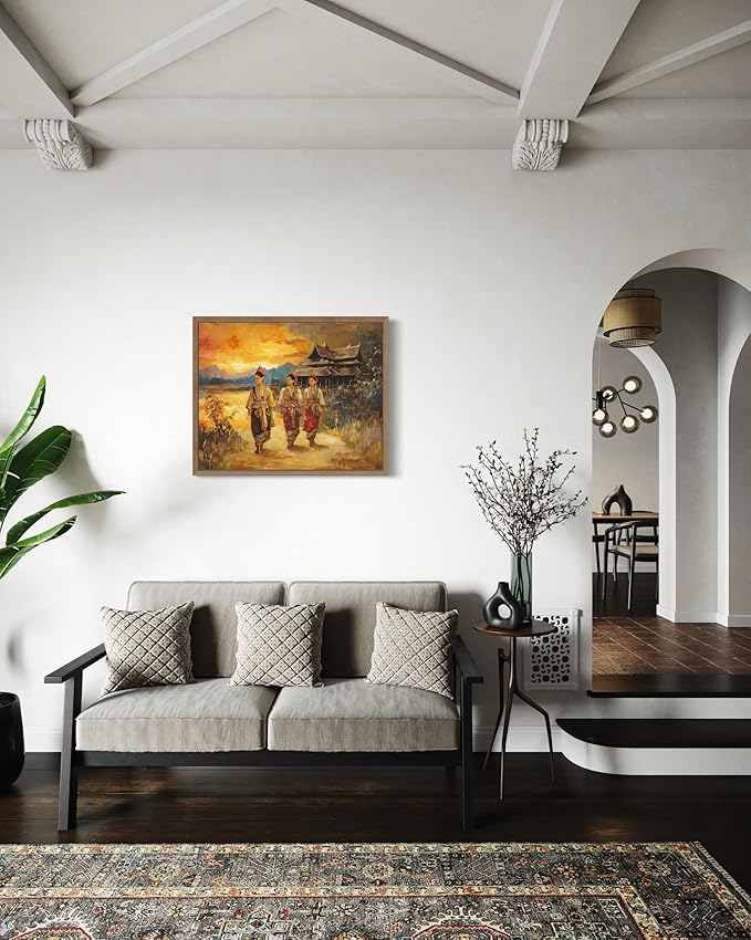 Laos Art Print Poster, Asia Oriental Countries Culture Wall Art Asian Paintings for Bedroom Bathroom Living Room Decor 97 (Laos, 11 x 14 inches, Wood Frame)