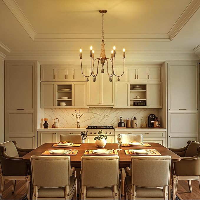 28.5" French Country Chandelier, 6-Light Farmhouse Dining Room Light Fixtures Over Table, Vintage Antique Wood Chandelier for Bedroom Kitchen Island Entryway Living Room Office