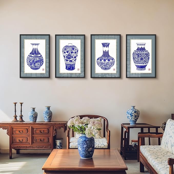 crmotu Chinoiserie Wall Art, Chinoiserie Paper-cutting Wall Decor Set of 4, Oriental Blue and White Porcelain Vase Framed Asian Art for Living Room Hallway Hotel Antique Wall Decor, 17X25 Inch