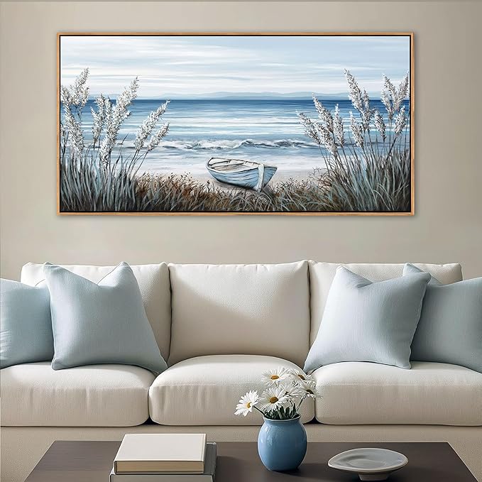 AJAZIKO Beach Vintage Wall Art Pictures for Living Room Coastal Artwork for Walls Ocean Bedroom Wall Decor Above Bed Landscape Beach Canvas Wall Art Featuring Boat, Farmhouse, Seascape 24×48IN