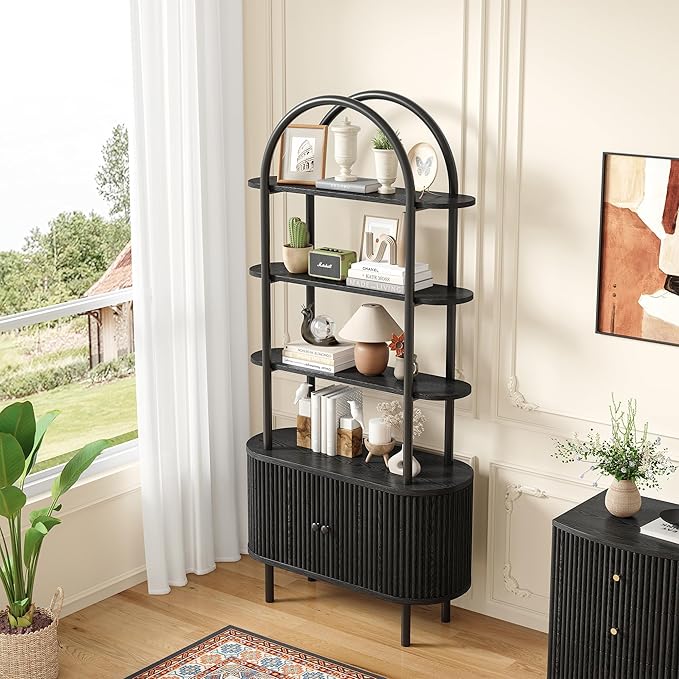 71" Tall Bookshelf, Bookcase, 4-Tier Book Shelf with Storage Cabinet, Curved Metal Frame Bookcase, Freestanding Industrial Storage Display Shelving for Living Room Office Bedroom, Black