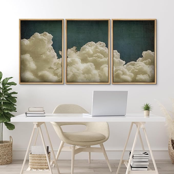 MUDECOR Framed Wall Art Print Set Vintage Cloudscape Dreamy Cotton Clouds Illustrations Modern Art Decorative Colorful Chic for Living Room, Bedroom, Office - 16"x24"x3 Natural
