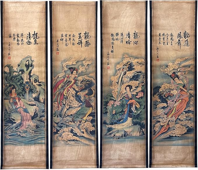 CIFIBIFUN Wall Flying Apsaras Traditional Art Prints Posters Painting Vintage Style,4 Panels Super Large Home Decorative Wall (Super Old Aging Paper, B Japan Painting)