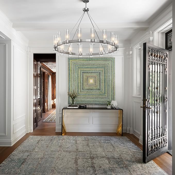 Modern Chandelier,Wagon 16-Lights Wheel Chandelier with Glass Shade, Nickel 48 Inch Large Round Industrial High Ceilings Pendant Lighting Fixture for Dining Room, Living Room, Foyer