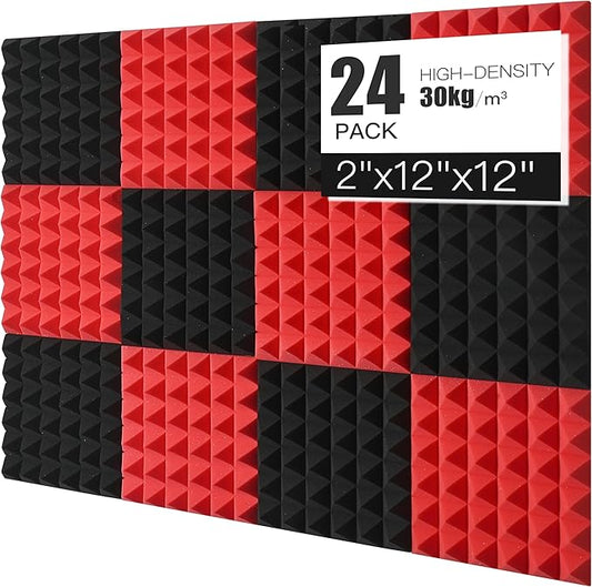 Acoustic Foams Panels 24 Pack 2" x 12"x 12" Sound Proof Foam Panels for Walls High Density and Fire Resistant Soundproofing Panels Soundproof Studio Pyramid Sound Dampening Panels Black Red