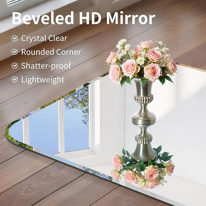 Beveled Frameless Mirror, 18x18 Square Bathroom Mirror Rounded Corner, 18 inch Frameless Vanity Mirror, Shatterproof Lightweight Design Wall Mirror for Bedroom Living Room Entryway