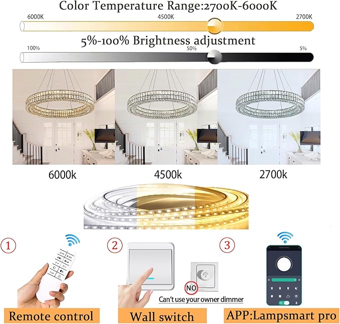 Modern Led Ring Chandeliers Dimmable Crystal Chandelier for Living Room Dining Room Ring Pendant Light Adjustable 24 inch Black