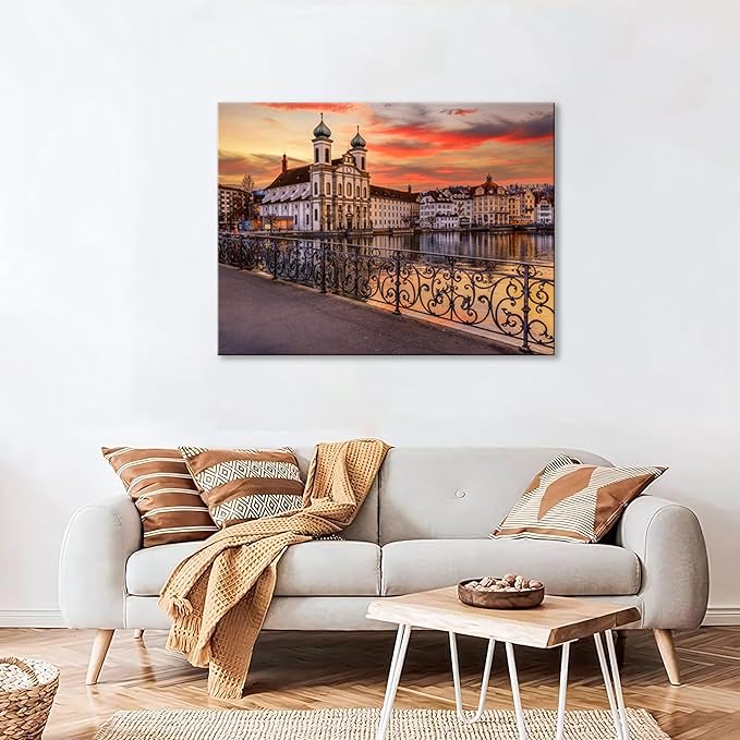 Mordern 1Pcs European Cityscape Canvas Wall Art Scenic Sunset Over River Cathedral with Domes Ready to Hang Architecture Romantic Travel Destination Decorative Framed Artwork for Living Rooms Bedrooms