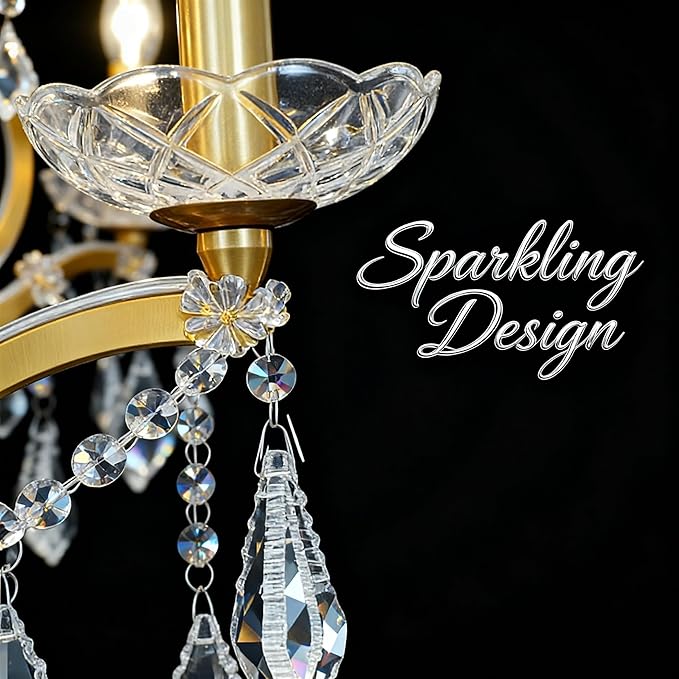 Luxury Antique Gold Crystal Chandeliers with Candle Pendant Ceiling Light Fixture - 6 Lights Polished Golden Bronze Crystal Chandelier for Dining Room, Living Room, Kitchen, Bedroom