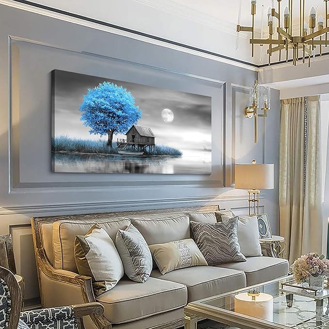 JEAWA Landscape Canvas Wall Art Decor - Blue Gray Wall Art for Bedroom Living Room Home Office, Winter Wall Art Canvas Paintings, Moon Pictures Wall Decor, Tree Art Wall Decor, 24x48 IN