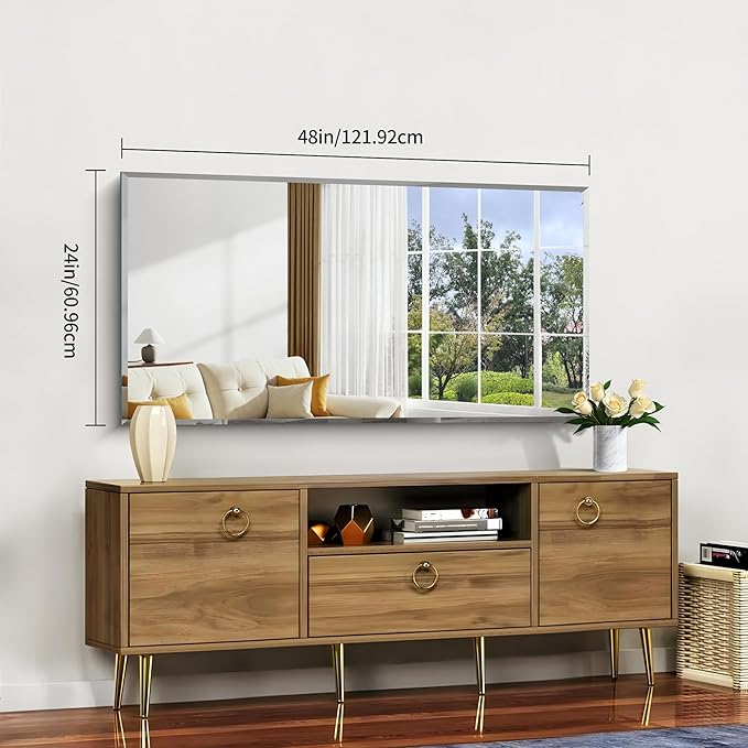 24x48 Large Beveled Mirror, Frameless Beveled Bathroom Mirrors for Over Sink, Upgraded Shatterproof Beveled Vanity Mirror for Bathroom,Bedroom,Living Room and Entryway