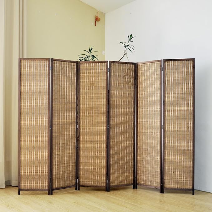 6 Panel Room Divider Screen,5.6 FT Tall Bamboo Divider Folding Privacy Screen,Freestanding Room Divider for Room Seperation,Brown