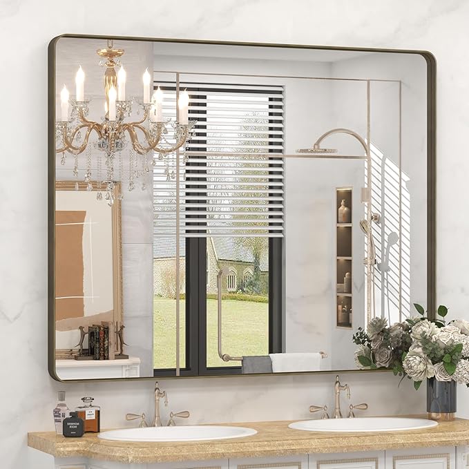 48x40 Bronze Bathroom Mirror, Brushed Bronze Metal Frame Mirrors for Wall, Rounded Rectangle Bronze Mirror for Vanity,Farmhouse, Bedroom, Anti-Rust (Horizontal/Vertical)