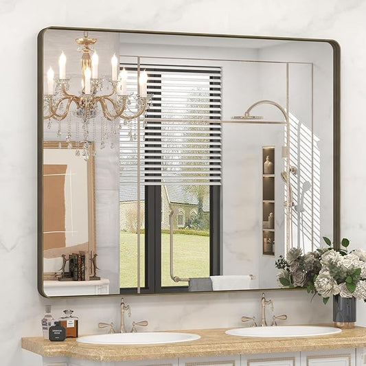48x40 Bronze Bathroom Mirror, Brushed Bronze Metal Frame Mirrors for Wall, Rounded Rectangle Bronze Mirror for Vanity,Farmhouse, Bedroom, Anti-Rust (Horizontal/Vertical)