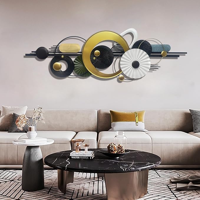 Metlzks Modern Abstract Metal Wall Art,Large 59×20 Inches Wall Decor, Geometric Circles Design Wall Sculptures, Gold Black White, Wall Decoration for Living Room Bathroom Bedroom Dining Room