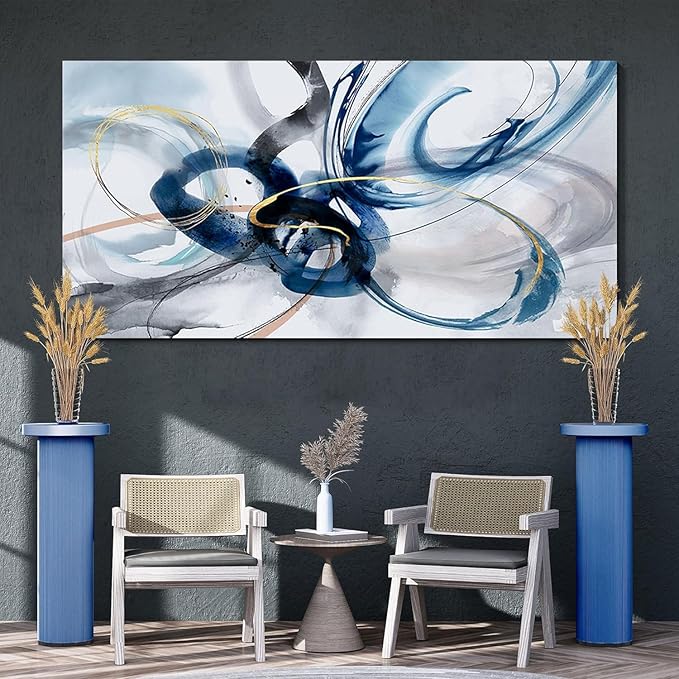 AJAZIKO Modern Abstract Canvas Wall Art - 29X58 Inches Blue and White Pictures for Living Room, Bedroom Aesthetic Home Decor