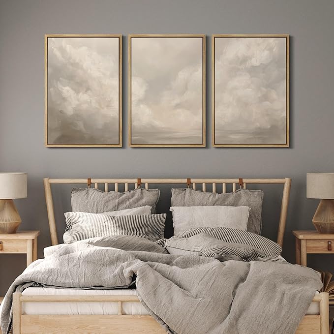 MUDECOR Framed Wall Art Print Set Neutral Cloudscape Soft Beige Abstract Sky Illustrations Modern Art Boho Decorative Colorful Chic for Living Room, Bedroom, Office - 24"x36"x3 Natural