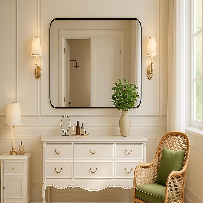 KOCUUY Bathroom Mirror 30"x30", Black Square Mirrors for Over Sink, Modern Vanity Mirror with Rounded Corner Metal Frame, Shatterproof Designed Wall Mirror for Bedroom, Living Room, Entryway