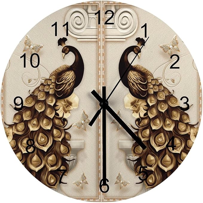 Classic and Retro Peacock Round Wall Clock, Asian Luxurious Art Peacock Feather Watercolor Peacock Feather Animal Retro Grey Modern Room Wooden Silent Wall Clock 12x12INCH