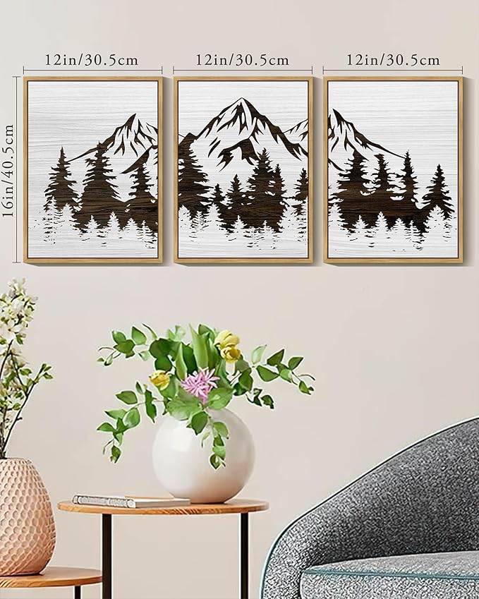 KUVIOKE Mountains Tree Framed Wall Art Boho White Forest Nature Landscape Artwork Painting Morden Country Woodcut Wood Wall Decor Rustic Home Decor for Bedroom Farmhouse 12x16in (Natural Framed)