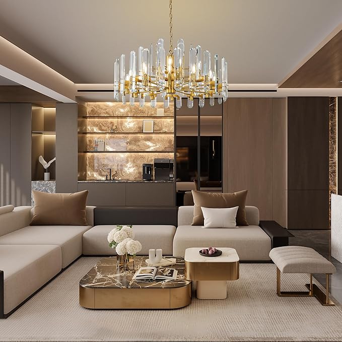36" Luxury Gold Crystal Chandelier, 16-Light Round Modern Chandelier for Dining Room, Adjustable Chain Chandelier Pendant Light Fixture for Living Room, Bedroom, Kitchen Island, Foyer, Entryway