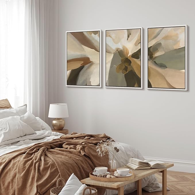 MUDECOR Framed Wall Art Print Set Minimalist Earthy Abstract Floral Illustrations Modern Art Boho Decorative Colorful Chic for Living Room, Bedroom, Office - 24"x36"x3 White