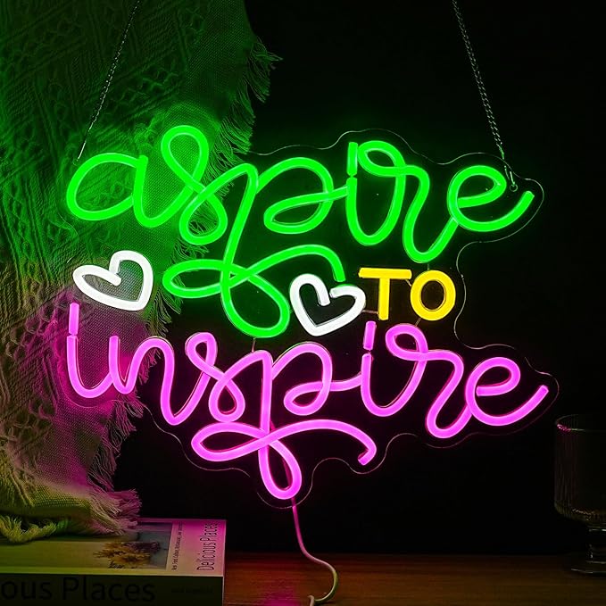 Aspire To Inspire Neon Sign 16.5 * 12.6 Inch Dimmable Switch Led Light Up Colorful Sign for Wall Decor USB Cute Letters Neon Light for Bedroom Classroom Office Station Art Wall Decor