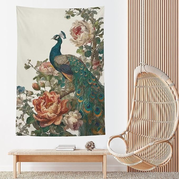 UUKXKUU Peacock Oriental Retro Blooming Flowers Tree Tapestry Wall Decor Large Wall Art Backdrop Flag Hanging for Bedroom Living Room Dorm Office 60"×90"