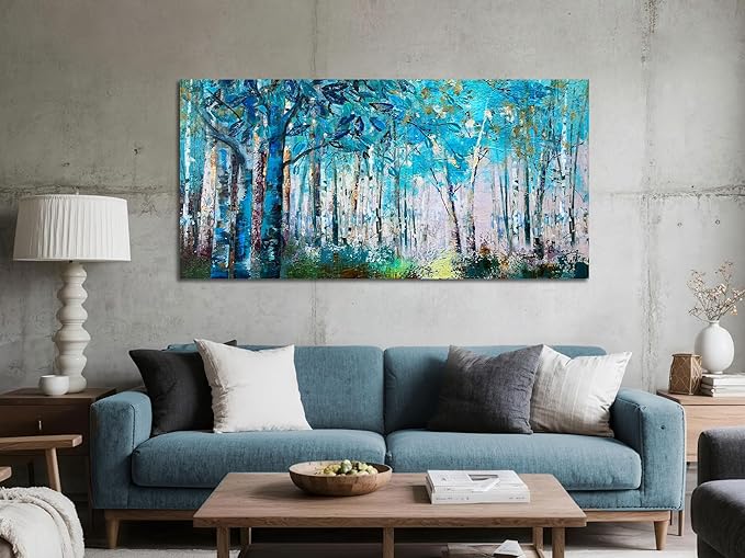 Ardemy Blue Wall Art Tree Canvas Art Forest Landscape Large Wall Decor Living Room Picture Modern Nature Teal Abstract Textured Painting Artwork for Home Office Bedroom, 48"x24"