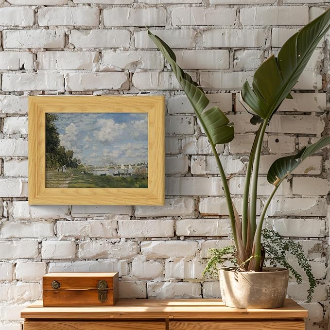 Brivoria Framed Canvas Wall Art Vintage Decor, Impressionist Riverside Landscape with Autumn Sky Sailboats and Tree-Lined Path for Desk Shelf Living Room Bedroom or Office Rustic Fall Display, 8"x10"