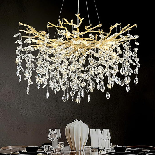 Modern Crystal Chandelier Gold Tree Branch Chandelier 23.6" Luxury Gold K9 Crystal Chandeliers 6-Light Ceiling Hanging Chandeliers for Dining Room Kitchen Island Foyer