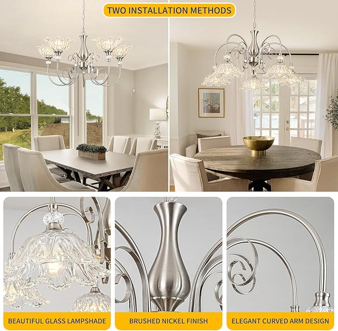 5-Light Chandeliers in Brushed Nickel Finish with Crystal Glass Shades, Brushed Nickel Chandelier Light for Dining Room,Hallway,Kitchen