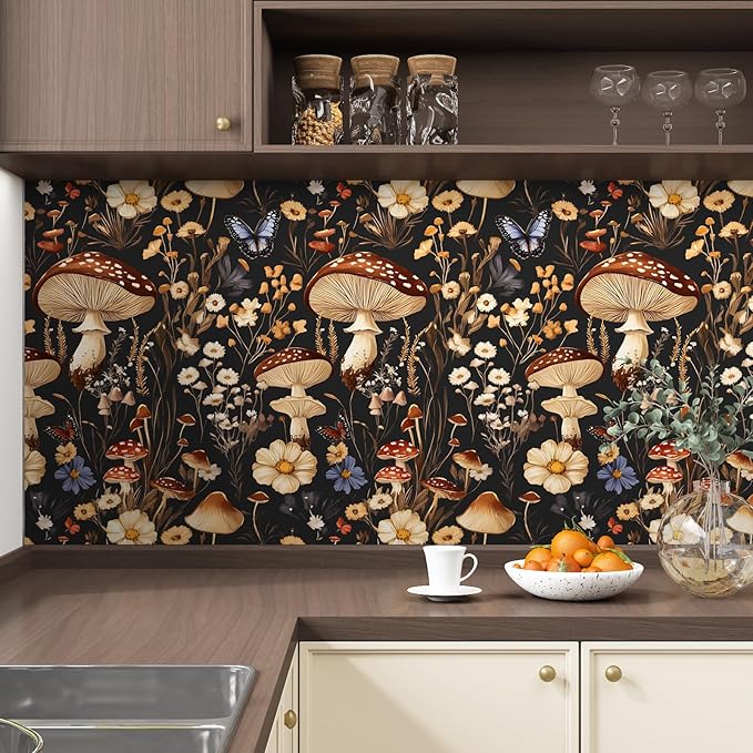 Mushroom Peel and Stick Wallpaper Vintage Wallpaper Floral Contact Paper Leaf Wall Paper for Cabinet Bedroom Backsplash Renter Friendly Removable 17.5 x 393.5In