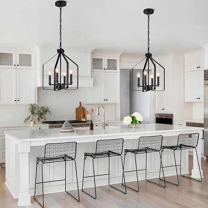 4-Light Black Farmhouse Chandelier, Geometric Industrial Cage Pendant Light, Adjustable Rustic Fixture for Dining Room, Kitchen Island, Entryway & Bedroom