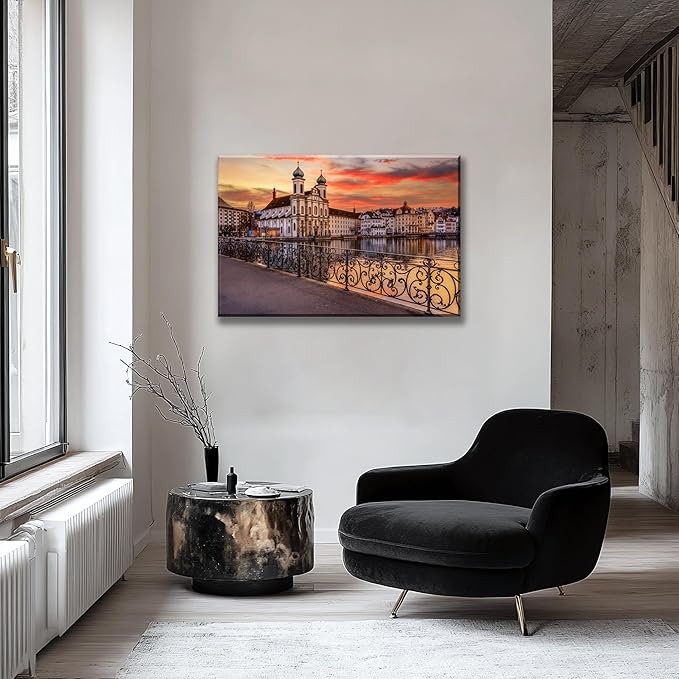 Mordern 1Pcs European Cityscape Canvas Wall Art Scenic Sunset Over River Cathedral with Domes Ready to Hang Architecture Romantic Travel Destination Decorative Framed Artwork for Living Rooms Bedrooms