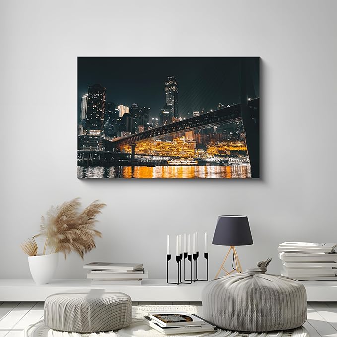 NAN Wind 1PCS Chongqing City Nightscape Canvas Wall Art Illuminated Chinese Skyline with Bridge Skyscrapers Modern Urban Landscape Photography Print for Living Room Office Bedroom Decor