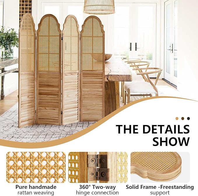 4 Panel Rattan Room Divider, 6 FT Tall Portable Partition Solid Wood Frame Folding Privacy Screen, Partition Room Divider Ideal for Bedroom Living Room Office, Light Brown