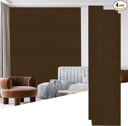 KASARO PU Faux Wood Wall Panels, 4 Pieces 3D Wainscoting Panel Accent for Interior Or Exterior Decor, 45.7 × 11.8 inch, Rustic Wood Brown