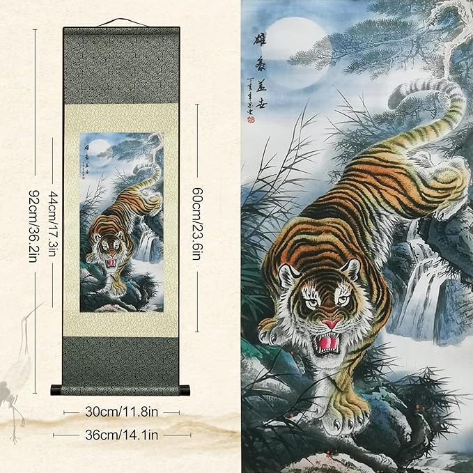AtfArt Asian Wall Decor Beautiful Silk Scroll Painting Animal - Tiger King Deterrence - Angry Tiger Oriental Decor Chinese Art Wall Hanging Painting Scroll (36.2 x 12 in)
