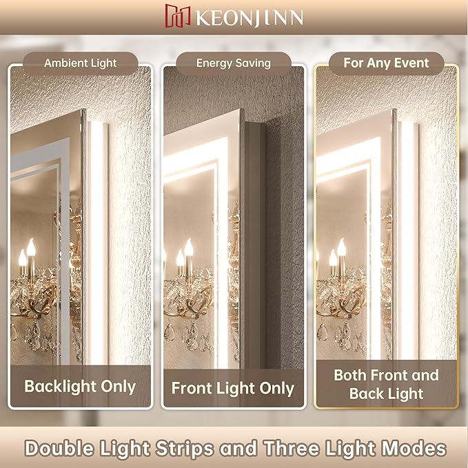 Keonjinn LED Bathroom Mirror with lights, 55" x 30" with Frontlit and Backlit, Stepless 3 Colors Temperature & Dimmable Large Tempered Glass Mirror, UL Listed LED Driver Double LED Strip Vanity Mirror