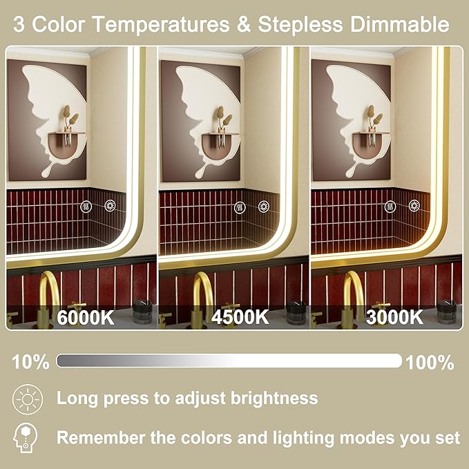 16x24 Inch Gold LED Bathroom Mirror with Lights, Adjustable 3000K/4500K/6000K, Wall Mounted Framed Lighted Bathroom Vanity Mirrors, Anti-Fog, Dimmable, Memory Funtiom, Horizontal/Vertical