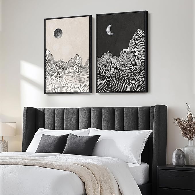 Large Framed Black and White Abstract Wall Art for Living Room, Set of 2 Modern Canvas Prints Paintings Artwork for Walls, Abstract Mountain and Moon Pictures for Bedroom Hallway Wall Decor 24x36 In